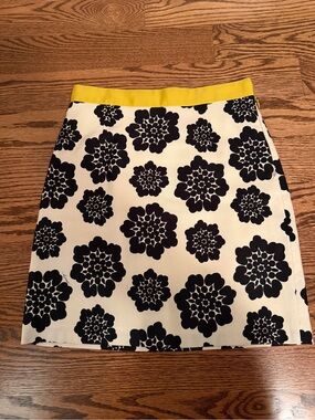 Milly Black Floral on White A-Line Skirt with Yellow Waistband